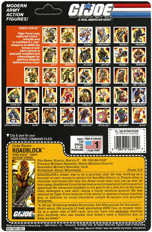 Tiger Force Roadblock Vintage GI Joe Figure Card Back