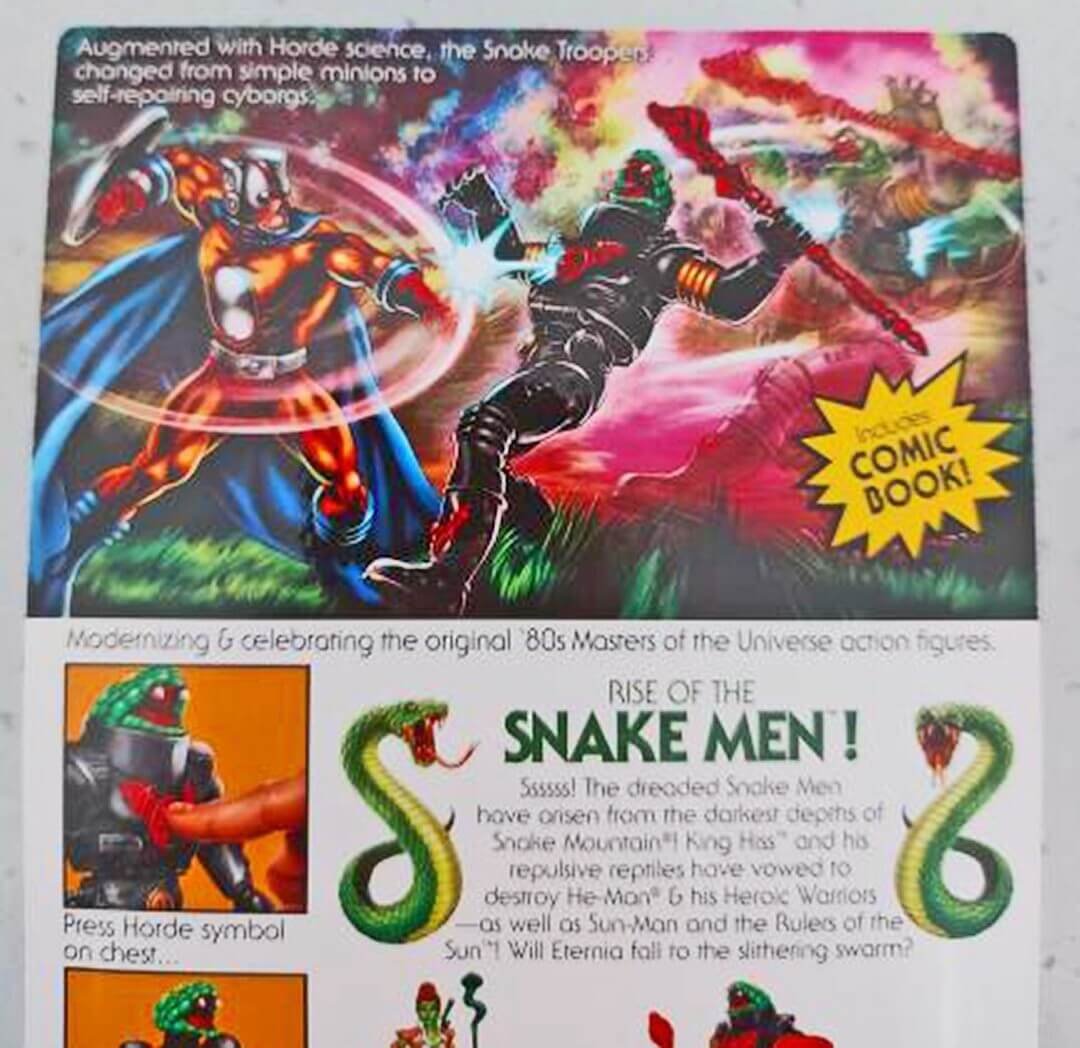 MOTU Origins Snake Trooper cardback rear Wave 13 in hand close up