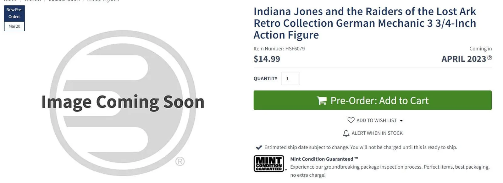 Indiana Jones German Mechanic EE Listing