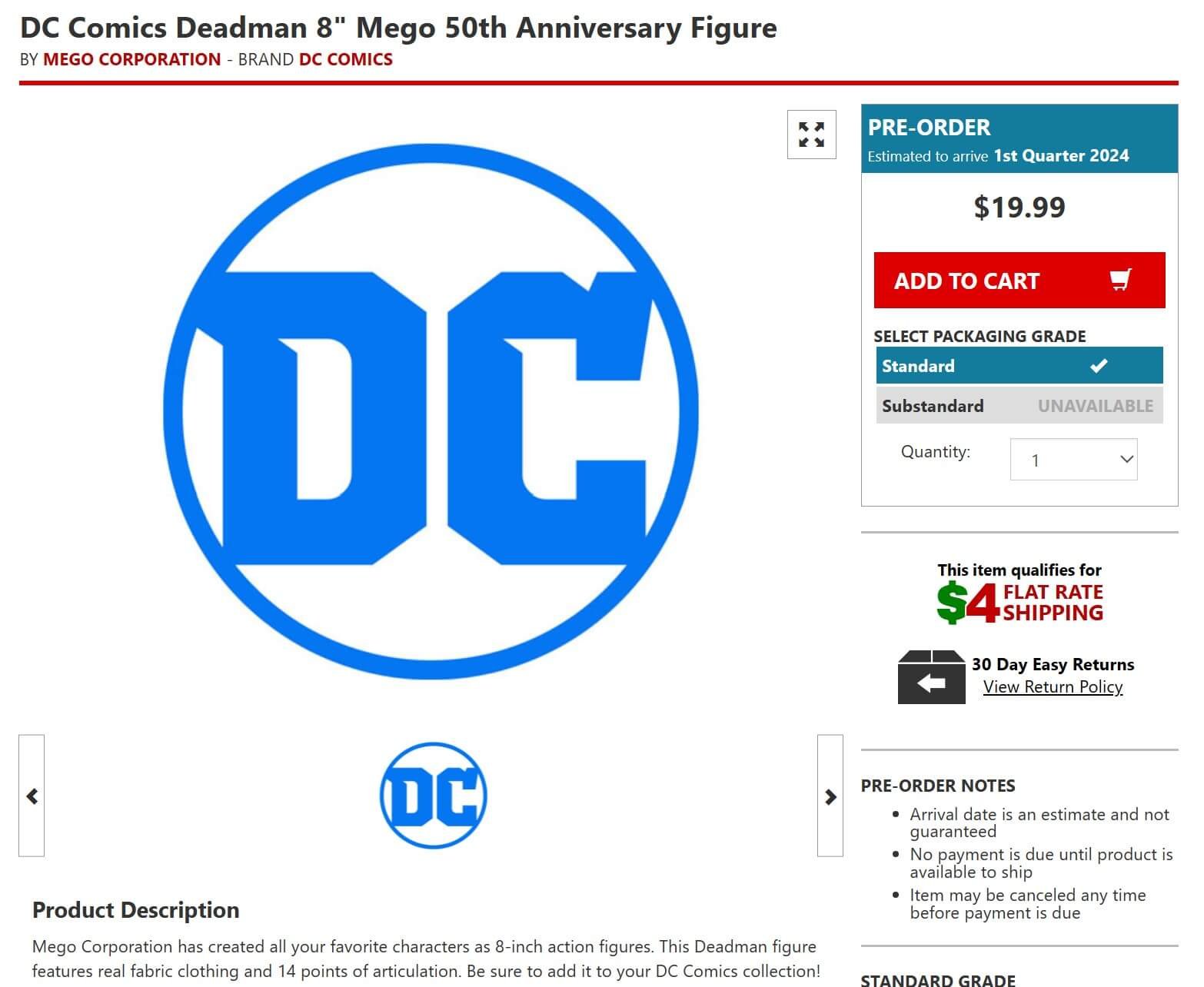 Mego 50th Anniversary Deadman BBTS Listing