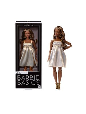 Barbie Basics Collectible Doll, Model 09 with Brunette Hair in Golden Dress & Strappy Heels