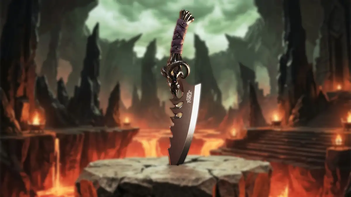 StudioForge Blade of Havoc limited-edition collector's chef's knife on Snake Mountain display stand