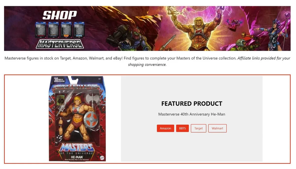 Masters of the Universe Masterverse Anniversary He-Man Shop page