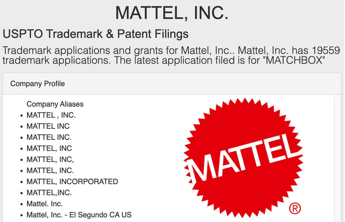 Mattel Inc USPTO Trademark and Patent Filings