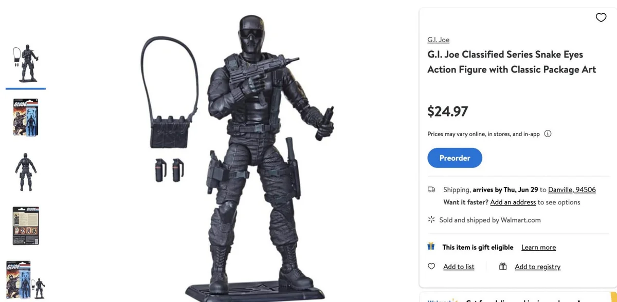 Snake Eyes GI Joe Classified Series Retro Card Back Walmart Listing