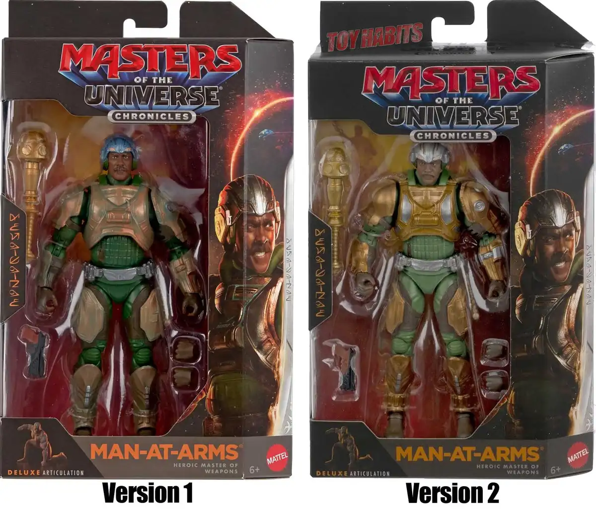 Man At Arms V1 and V2 MOTU Chronciles Comparison