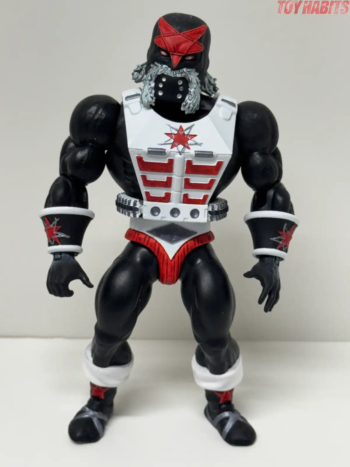 The front view highlights the black body, white chest armor with red recessed panels, and matching red and silver symbols on the chest and wrist guards.