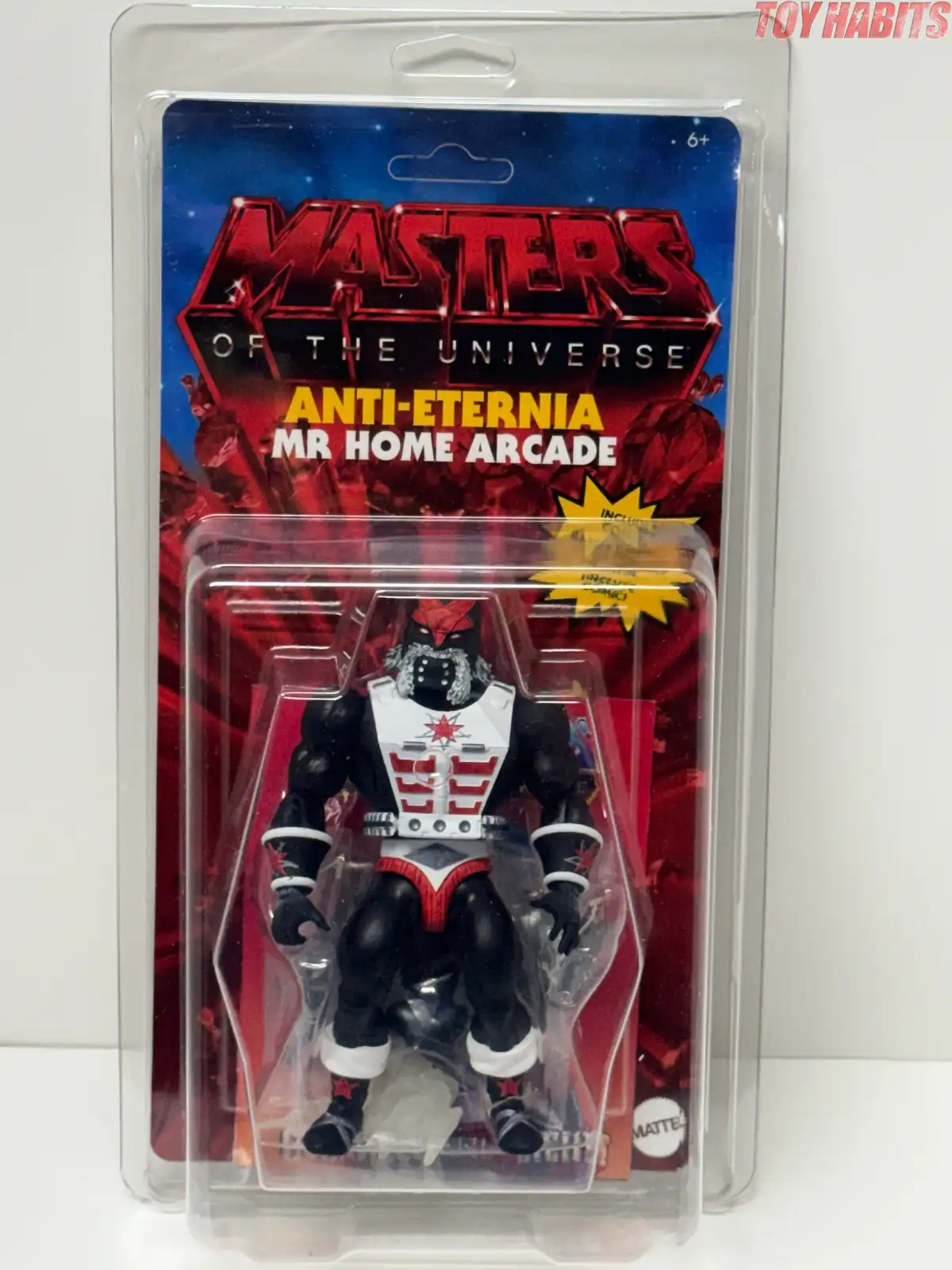 The carded figure is housed in a clear protective case with a red illustrated backing card and a specially colored Masters of the Universe logo.