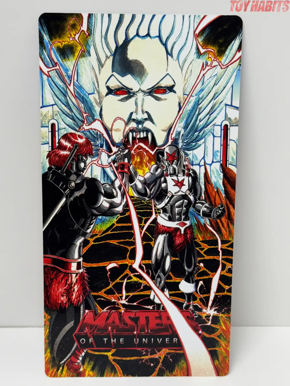 The complete rear illustration brings together Castle Hellskull, the enormous pale face with red eyes, and the arm-locking scene between Anti-Eternia Mr.