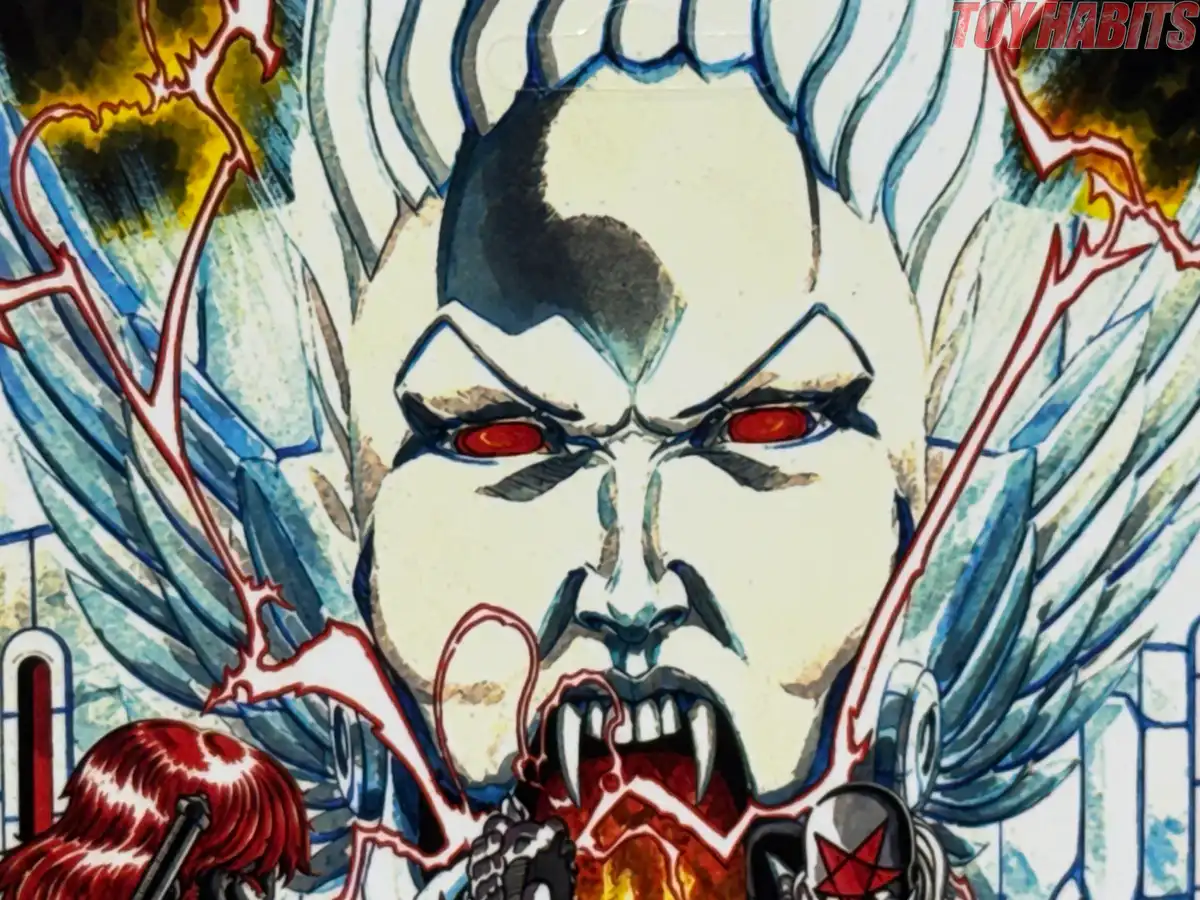 A closer look at the rear illustration highlights the enormous pale face with glowing red eyes and sharp teeth.