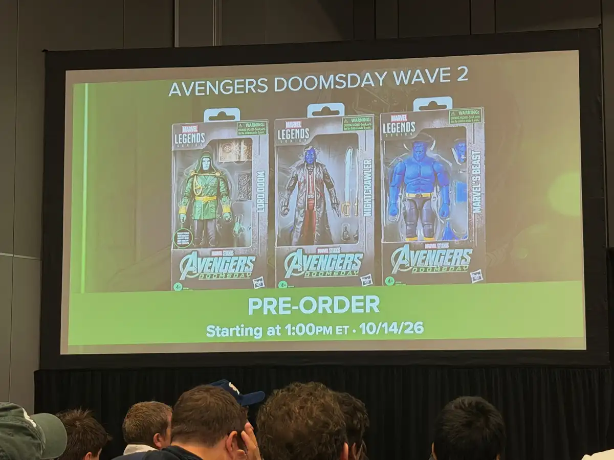 NYCC 2026 presentation slide showing Lord Doom, Nightcrawler, and Beast in their Marvel Legends packaging, with preorders announced for October 14, 2026, at 1:00 PM ET.