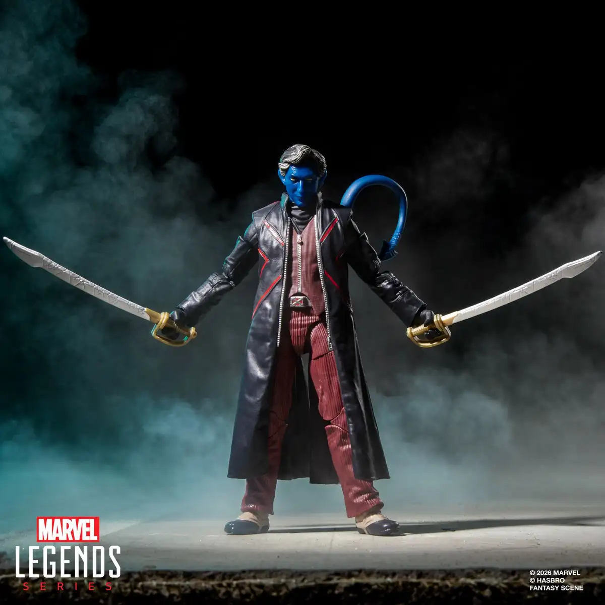 Nightcrawler wears a black coat with red accents over a dark red outfit and holds two swords with gold-colored hilts. His blue tail curves behind him.