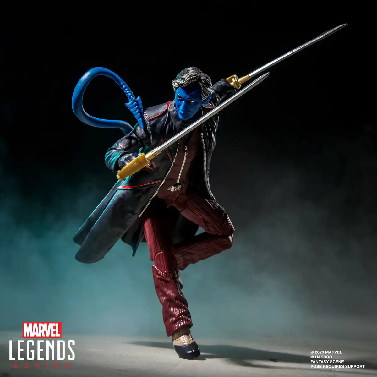 Nightcrawler is shown with both swords, highlighting his blue face, dark hair, black coat, and long blue tail.
