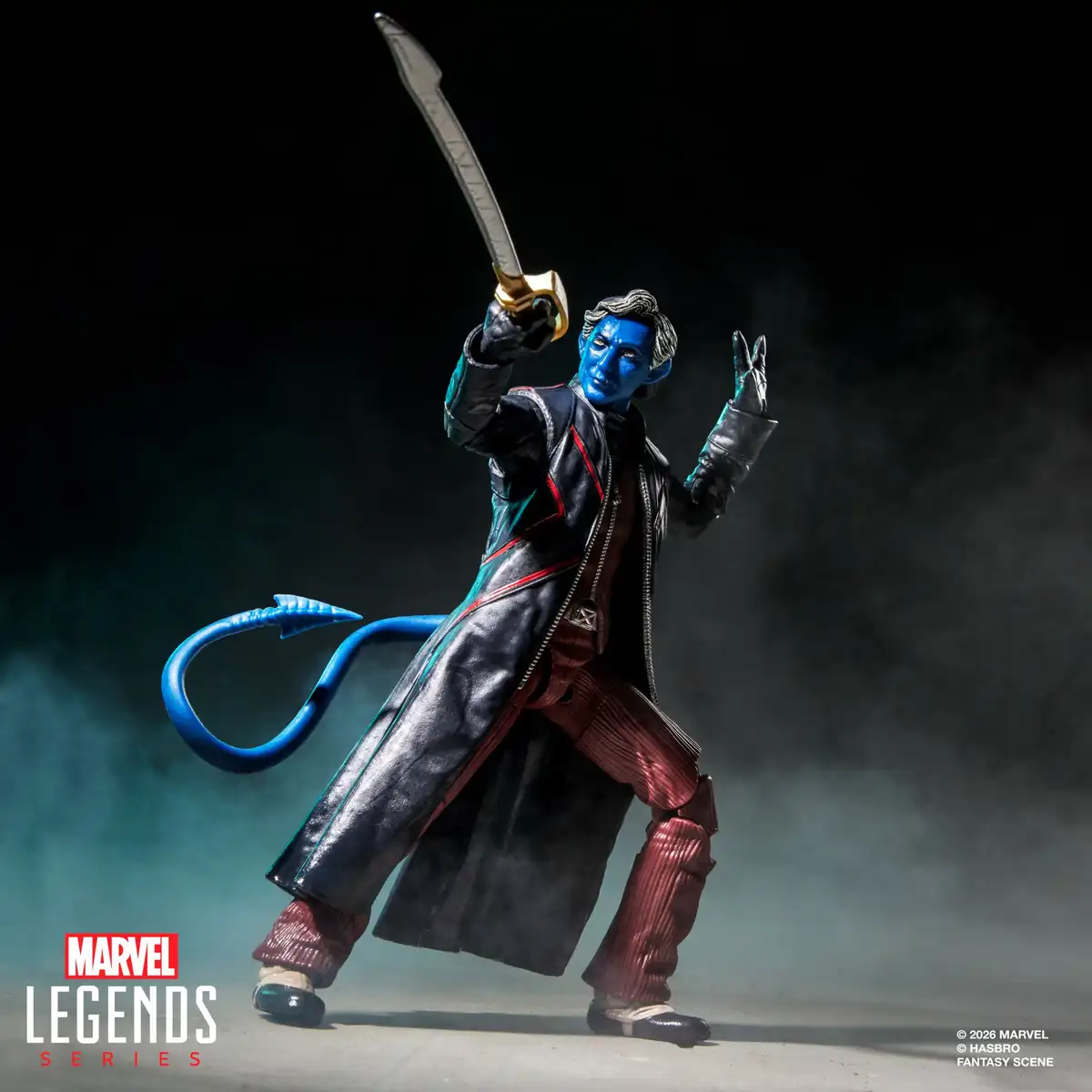 Nightcrawler raises one sword overhead, with his black coat, red pants, and curled blue tail visible.