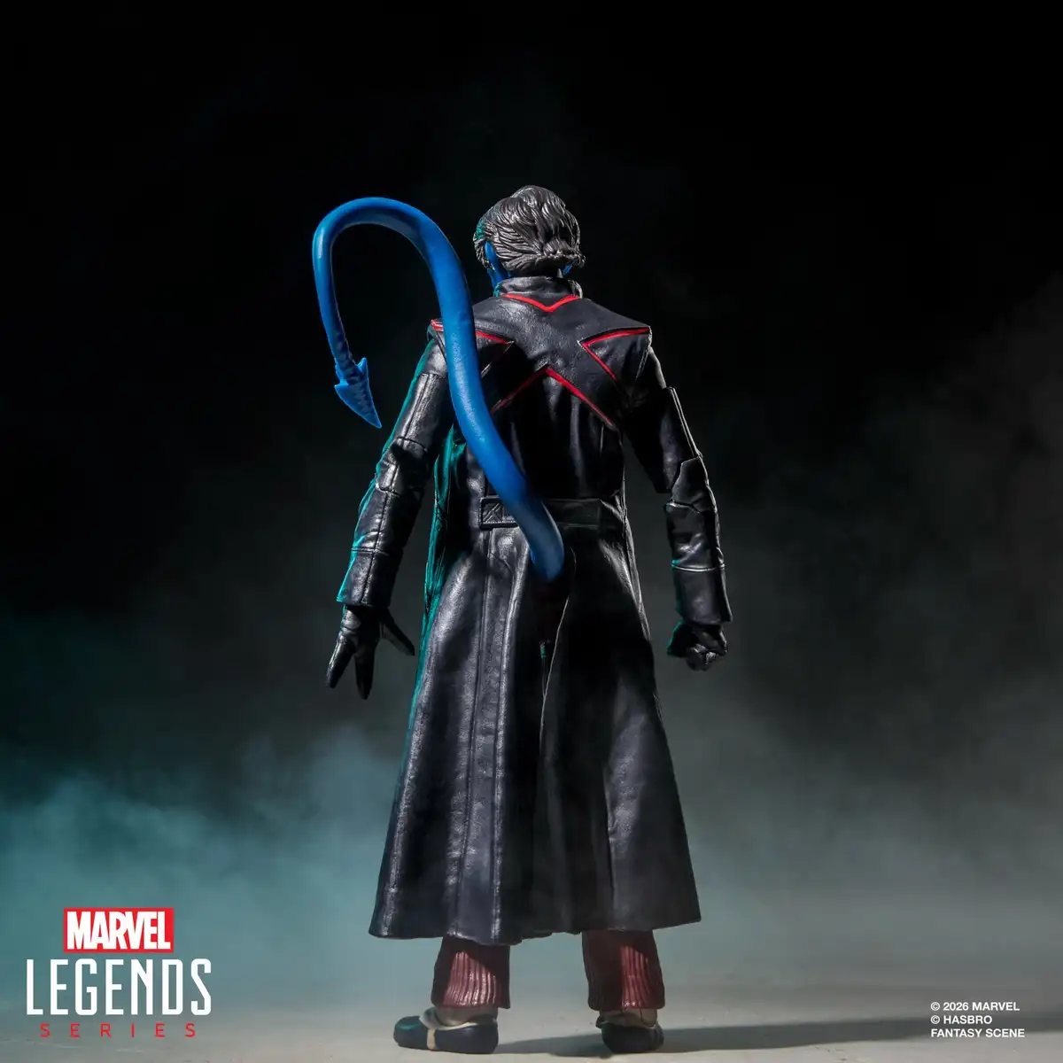 Rear view of Nightcrawler showing the red X-shaped design across his black coat and his long blue tail.