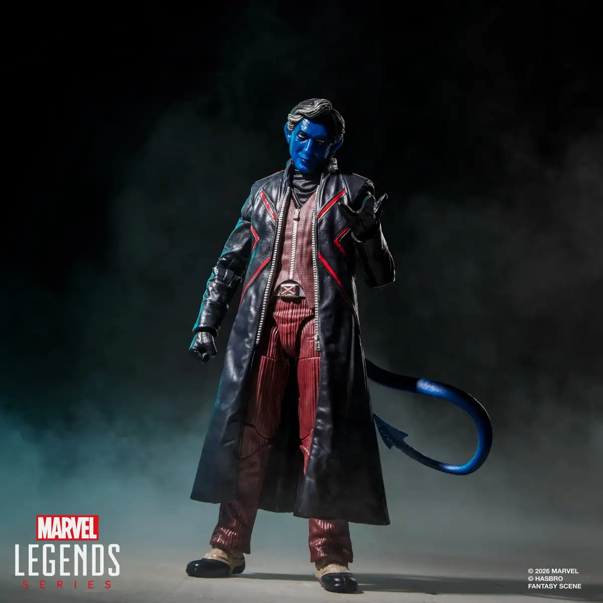 Nightcrawler is shown without his swords, revealing the front of his black coat, red outfit, and X-Men belt buckle.