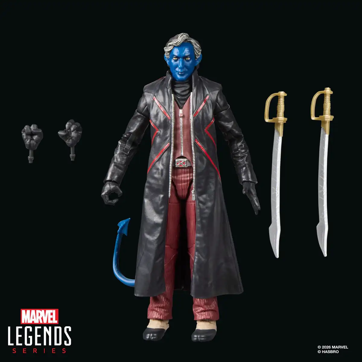 Nightcrawler is displayed with two swords and interchangeable black-gloved hands.