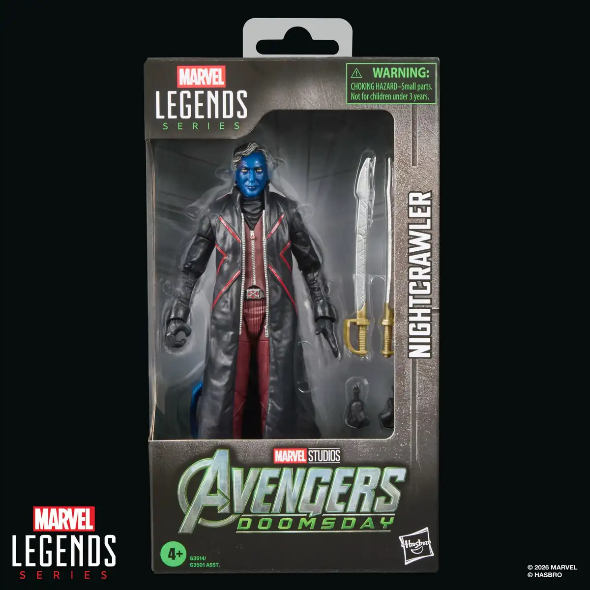 Nightcrawler appears in his Avengers: Doomsday Marvel Legends window-box packaging, with his swords and alternate hands visible.