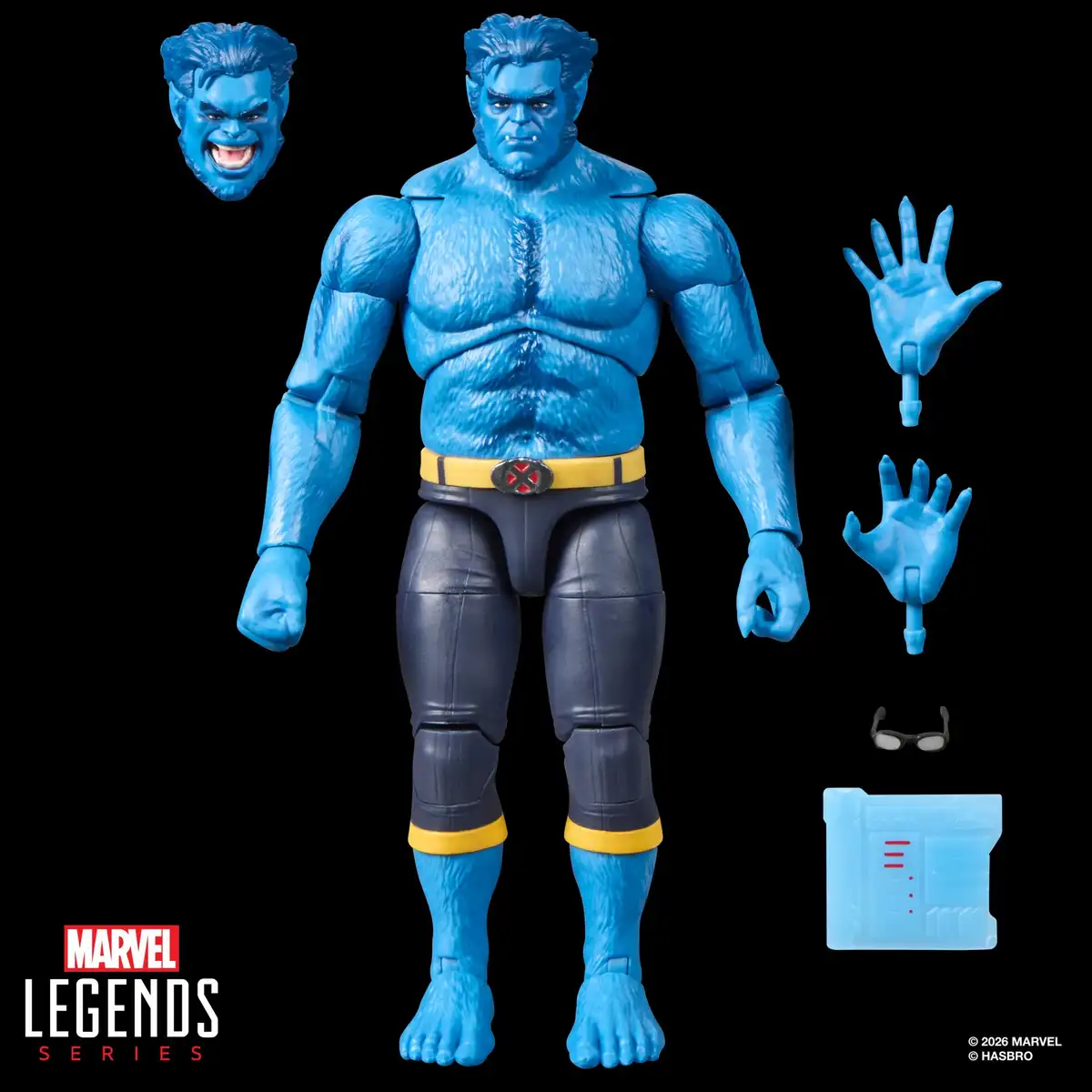 Beast is displayed with an alternate open-mouthed head, interchangeable hands, glasses, and a translucent blue accessory.