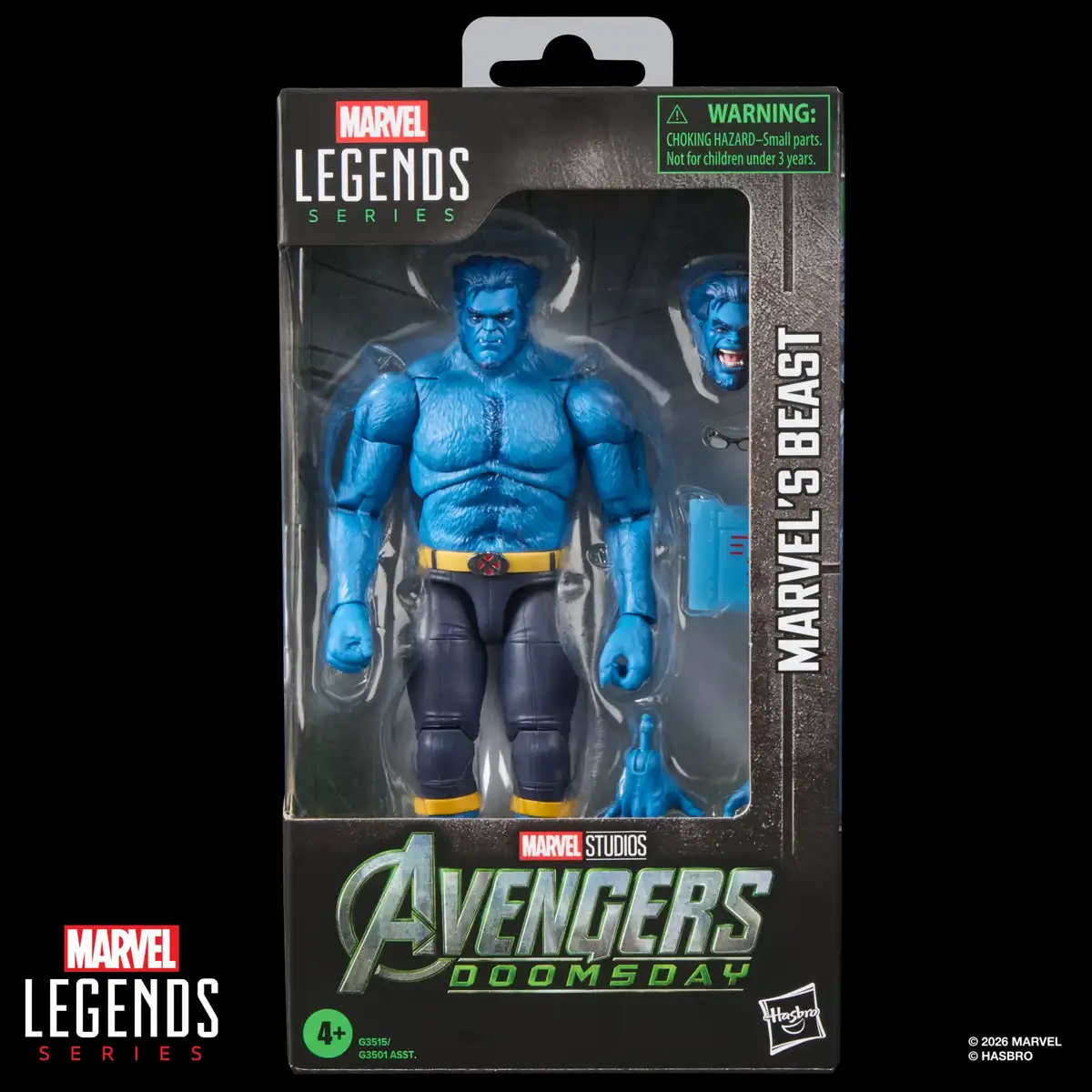 Beast appears in his Avengers: Doomsday Marvel Legends window-box packaging, with his alternate head and accessories visible.