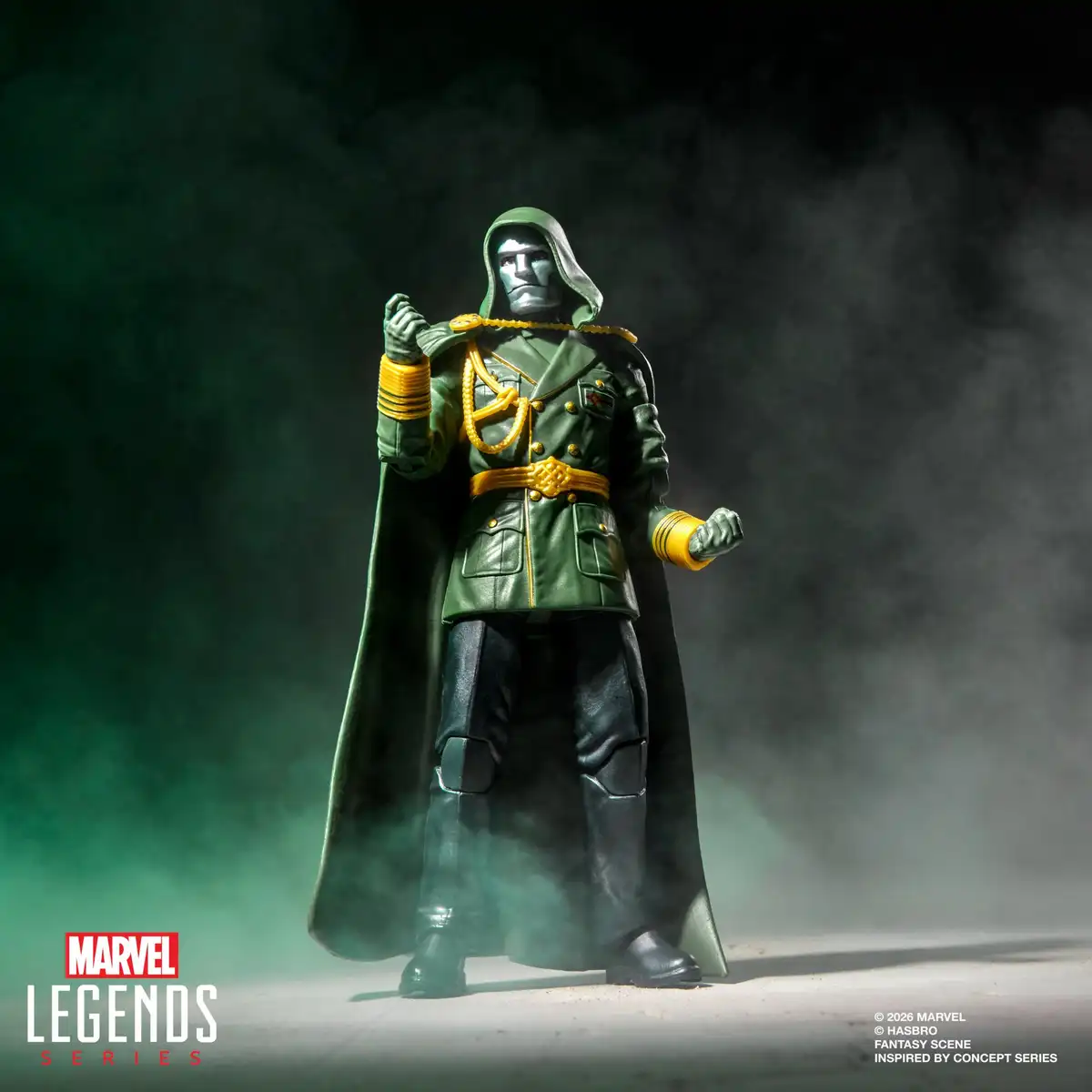Lord Doom features a silver mask, green military-style uniform, gold decorative trim, and black boots.