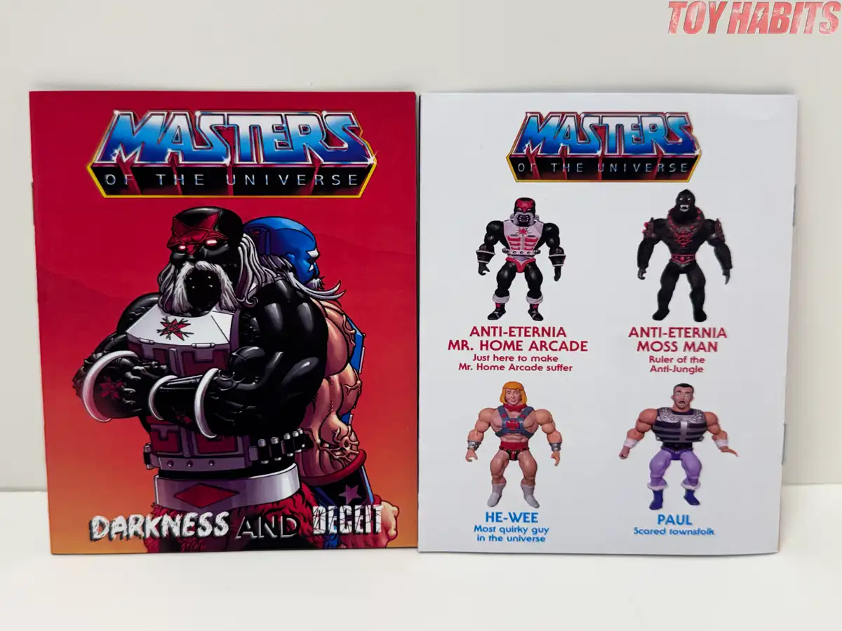The front cover of Darkness and Deceit features a dramatic illustration of Anti-Eternia Mr.