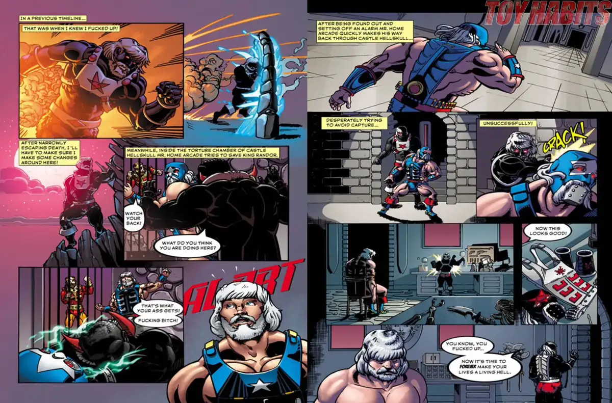 The opening pages establish the altered timeline as an older Anti-Eternia He-Man returns to Castle Hellskull and ambushes Mr.