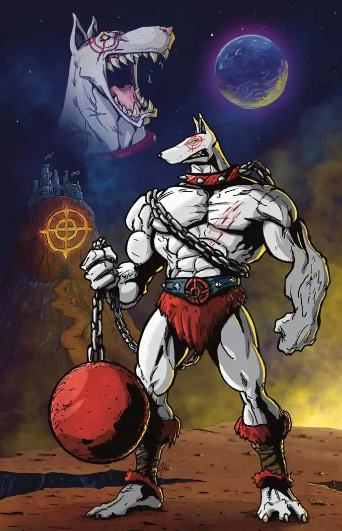 Illustration of the white canine Hound of Tarjayy carrying a chain and red bollard