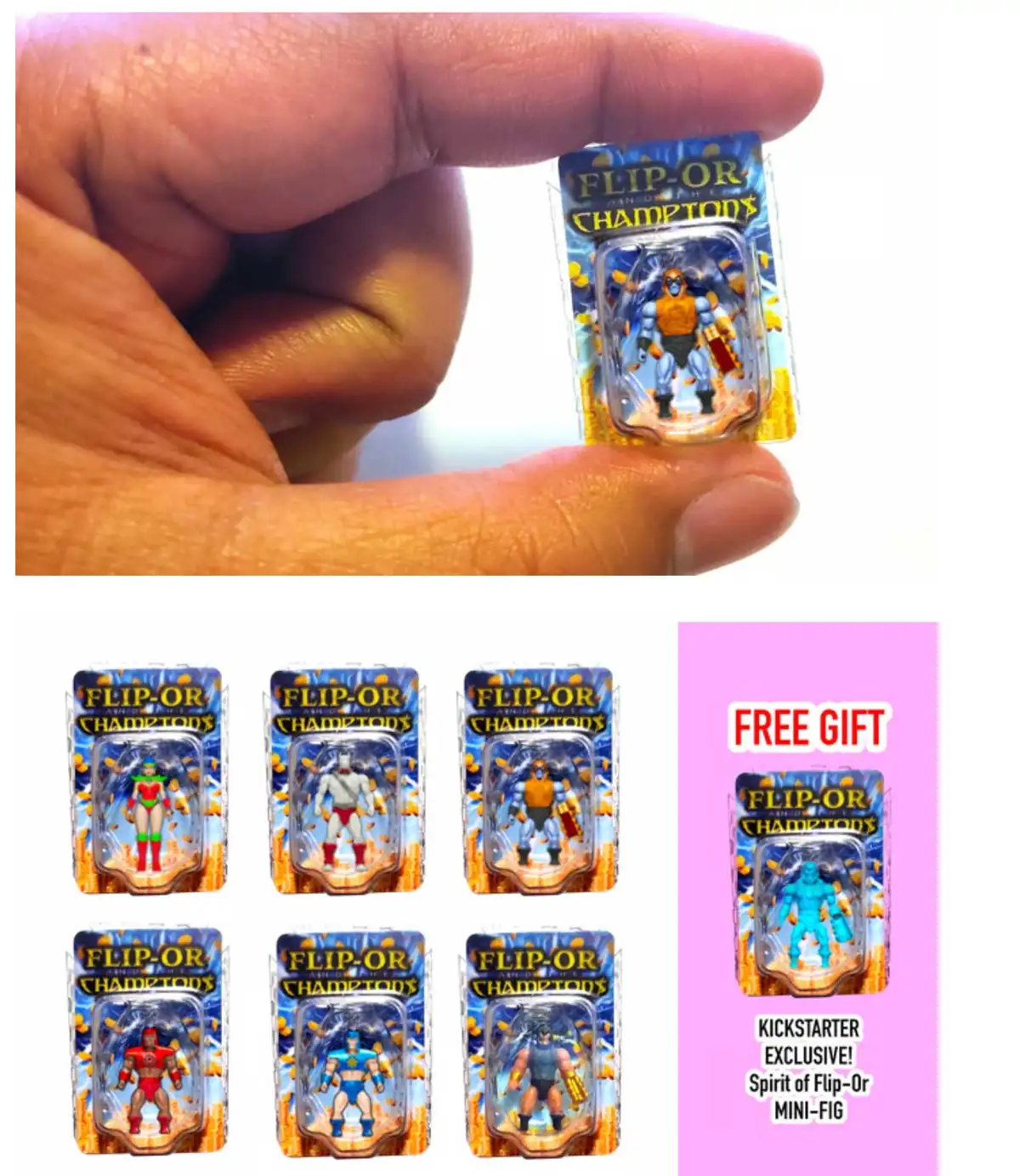 Six miniature carded Flip-Or figures and translucent Spirit of Flip-Or bonus