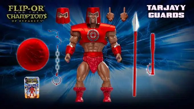 Dark skin-tone Tarjayy Guard with red armor, shield, spear and accessories