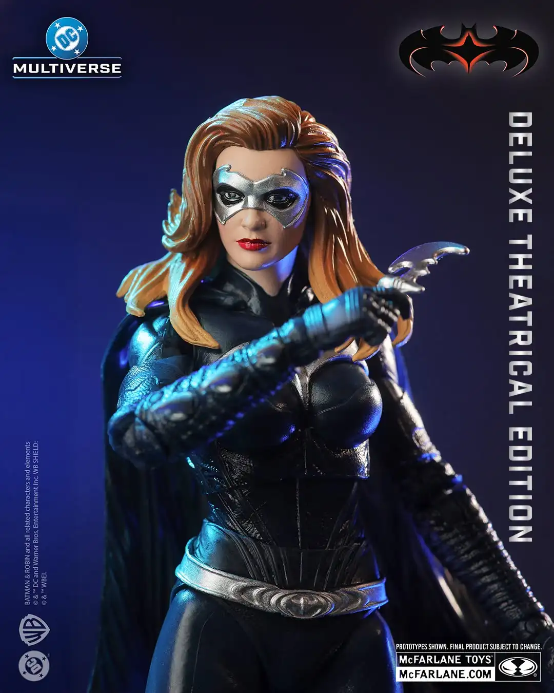 Alicia Silverstone Batgirl figure with sculpted silver mask, flowing hair, black armor and bat-shaped accessory