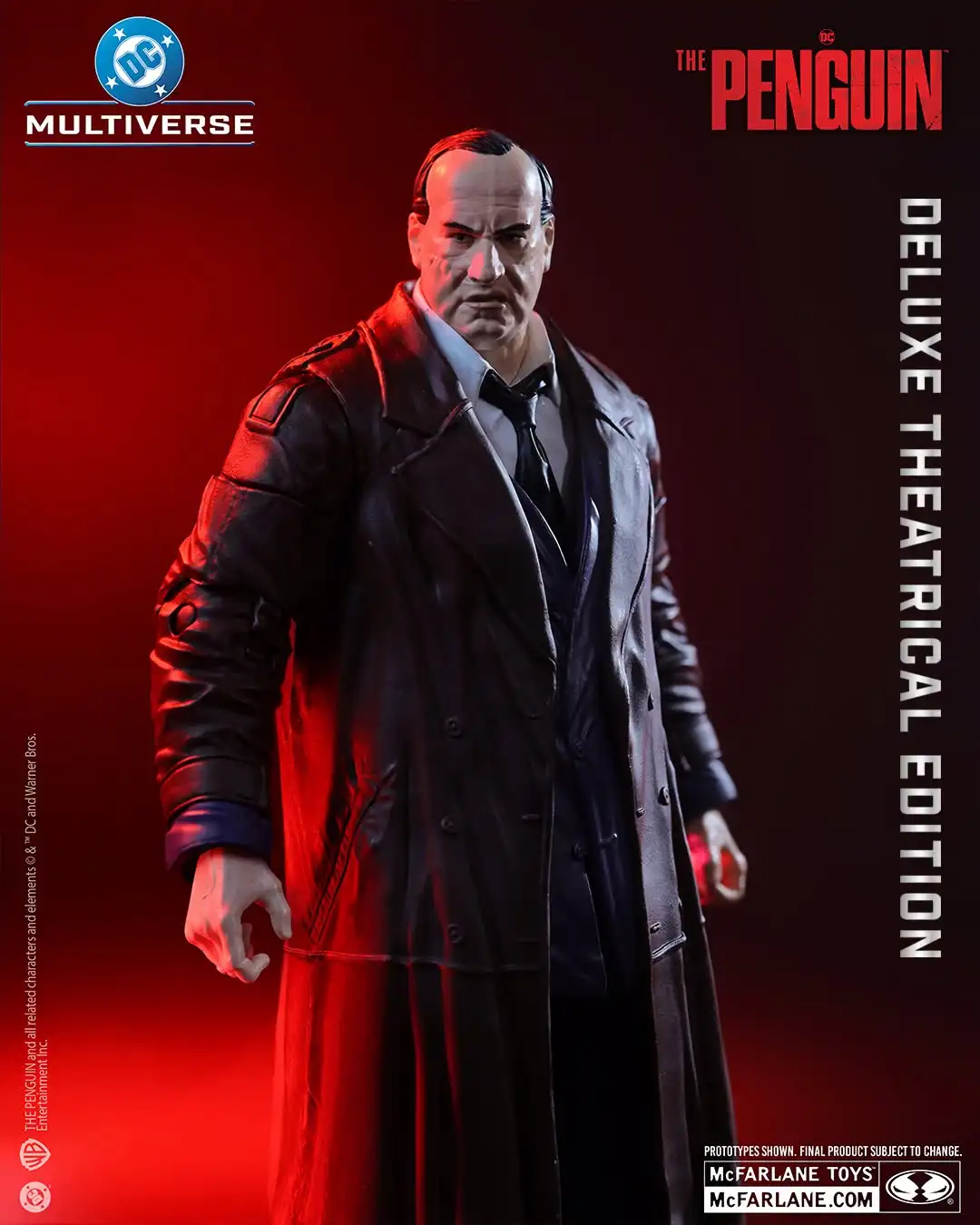 Colin Farrell Oz Cobb Penguin figure with slicked-back hair, facial scarring and long dark overcoat