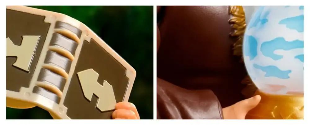 Two close-up teaser images showing a brown and gold book-like accessory and a blue and white crystal ball held by a brown-sleeved figure