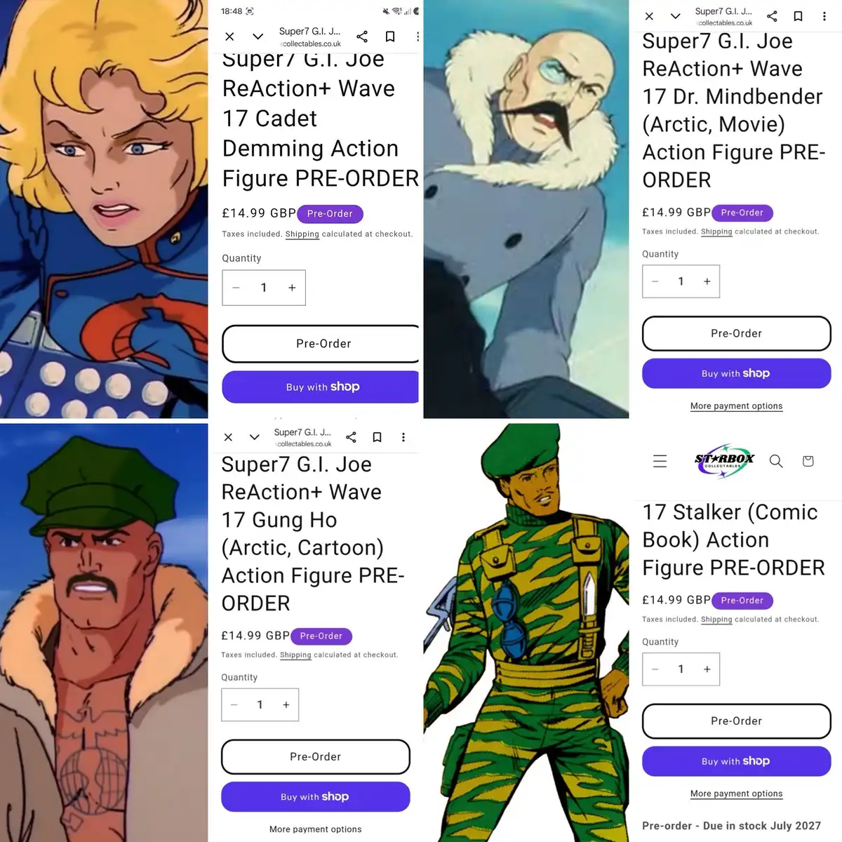Reference collage showing Cadet Demming, Arctic Dr. Mindbender, Arctic Gung-Ho and comic Stalker alongside Starbox preorder listings