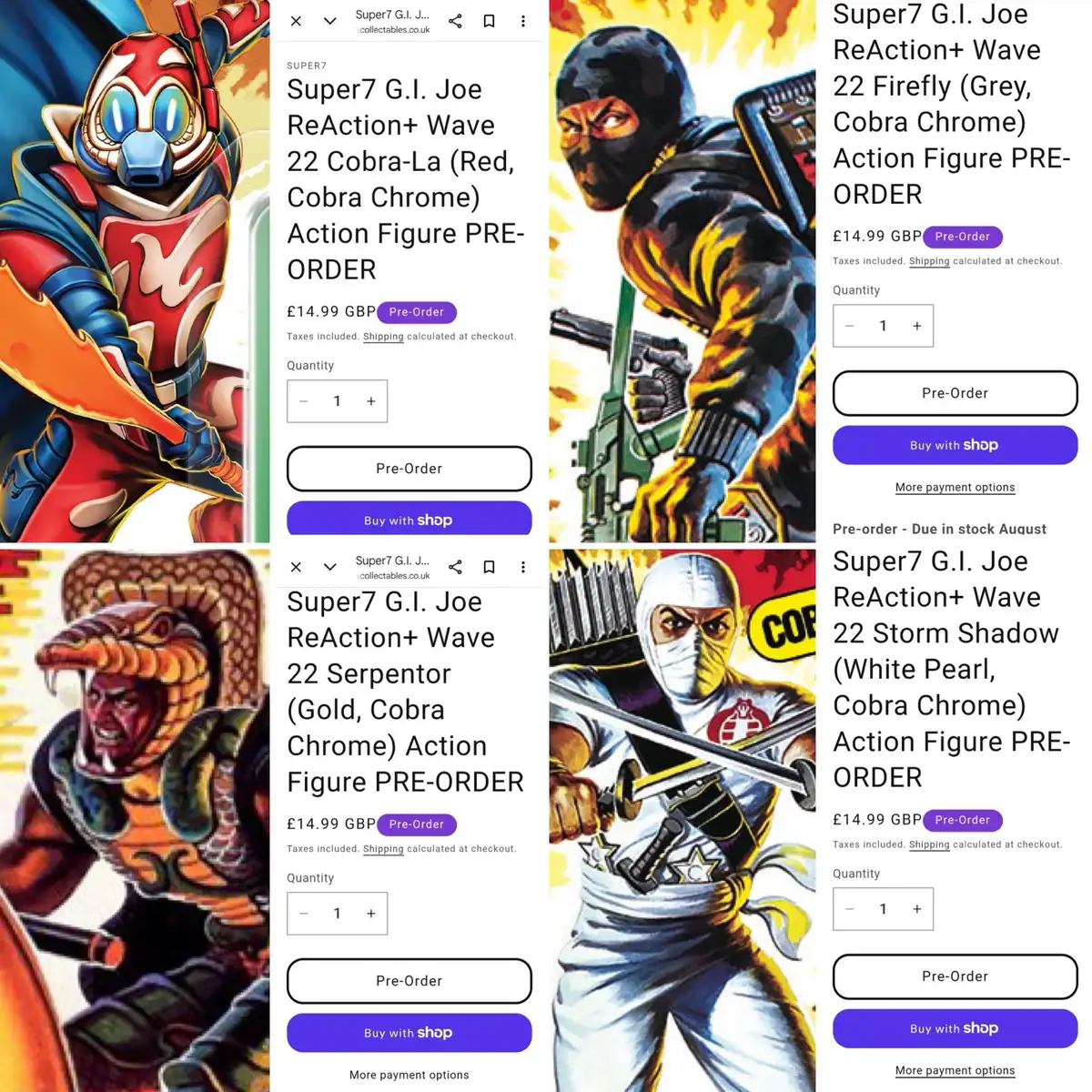 Four Starbox listings for red Cobra-La, grey Firefly, gold Serpentor and white pearl Storm Shadow beside character illustrations