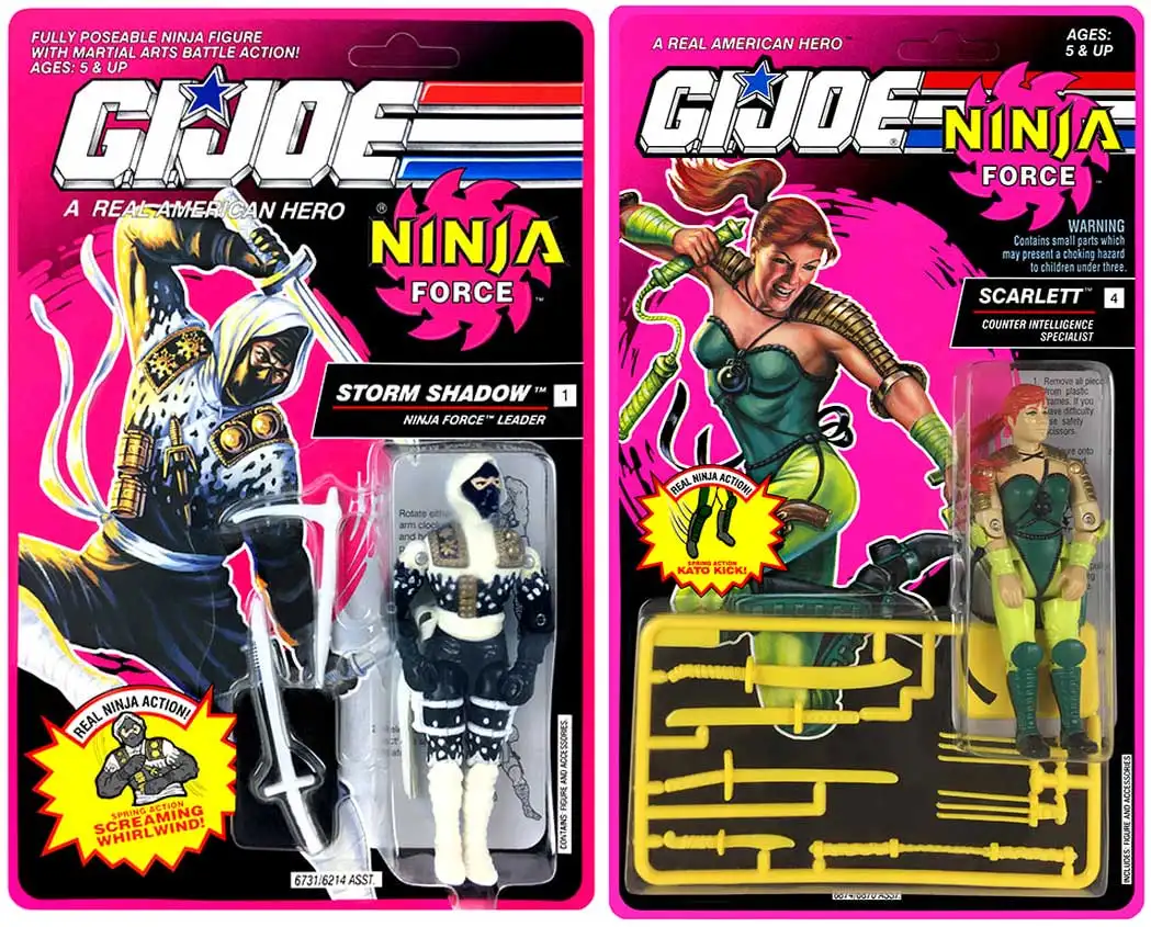 Vintage carded Ninja Force Storm Shadow and Scarlett action figures on hot pink packaging