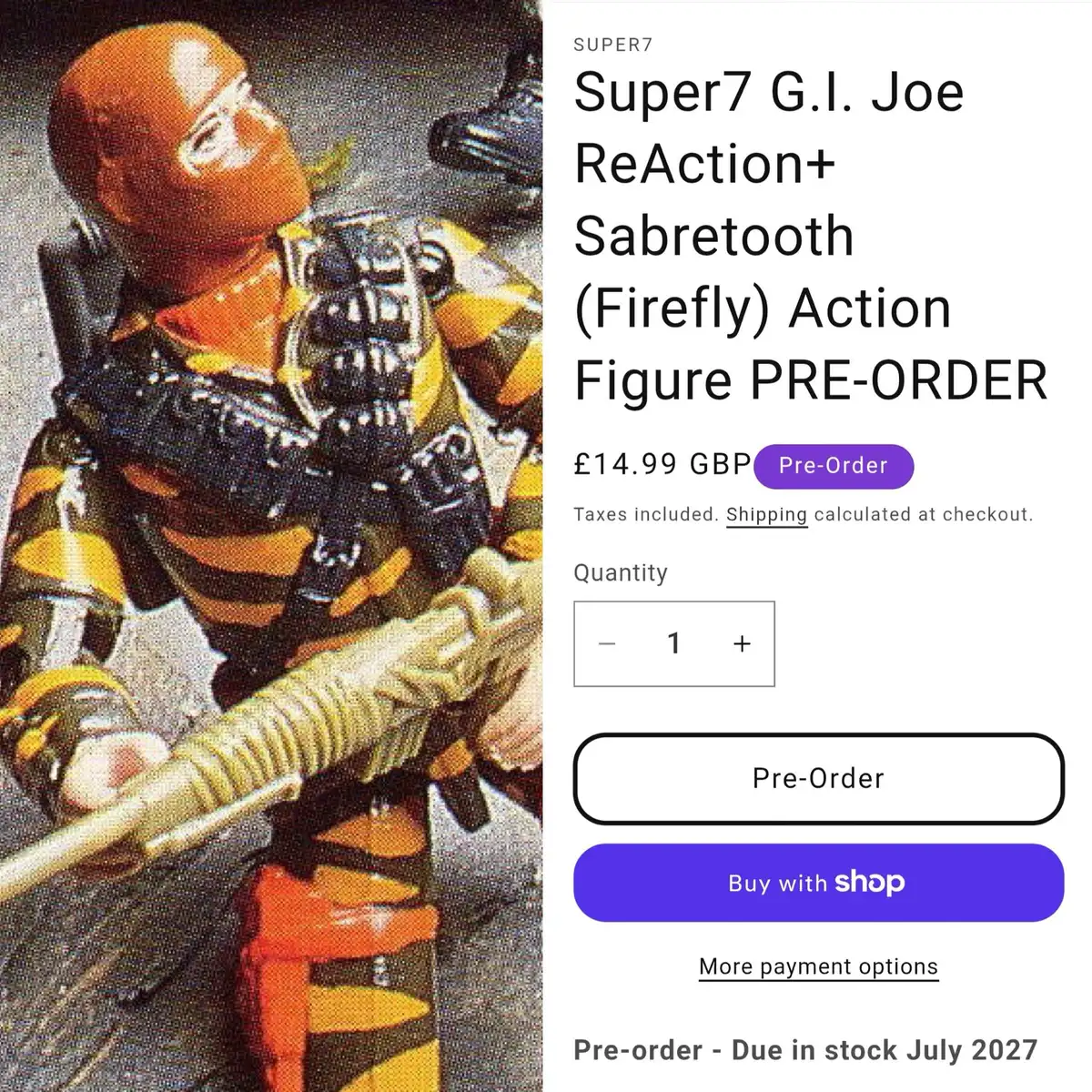 Vintage tiger-striped Sabretooth figure beside Starbox preorder listing for Super7 ReAction+