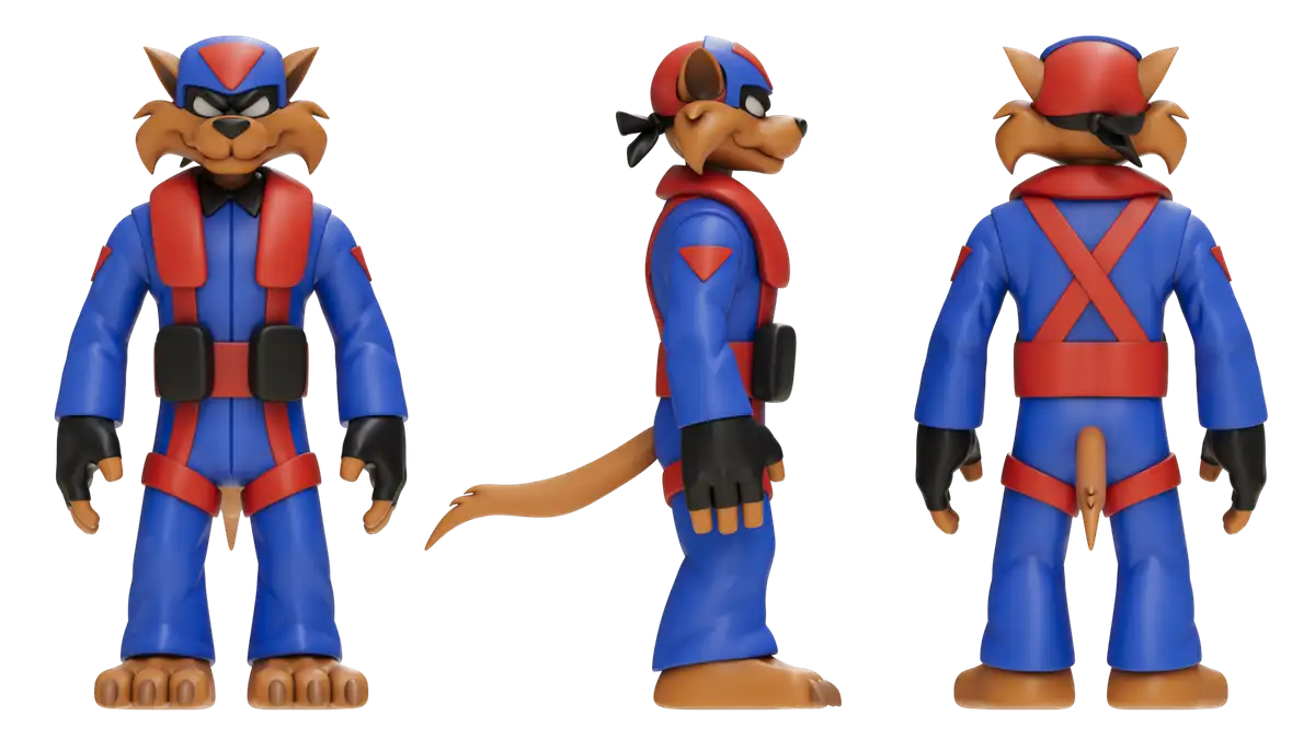 Ramen Toy Razor figure turnaround showing blue flight suit, red harness, helmet and tail