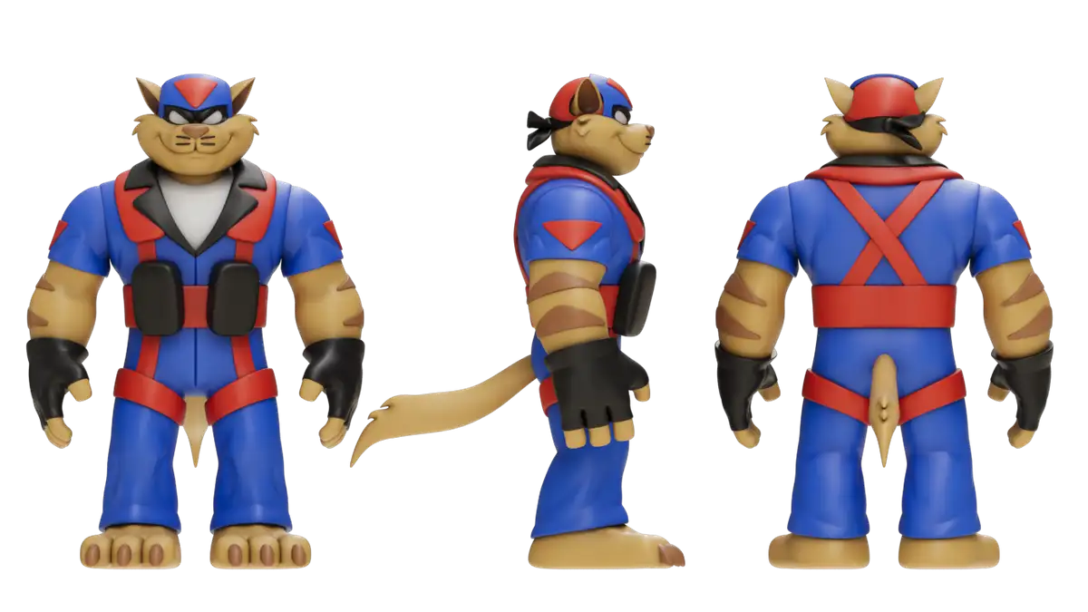 Ramen Toy T-Bone figure turnaround with blue flight suit, red harness, striped arms and tail