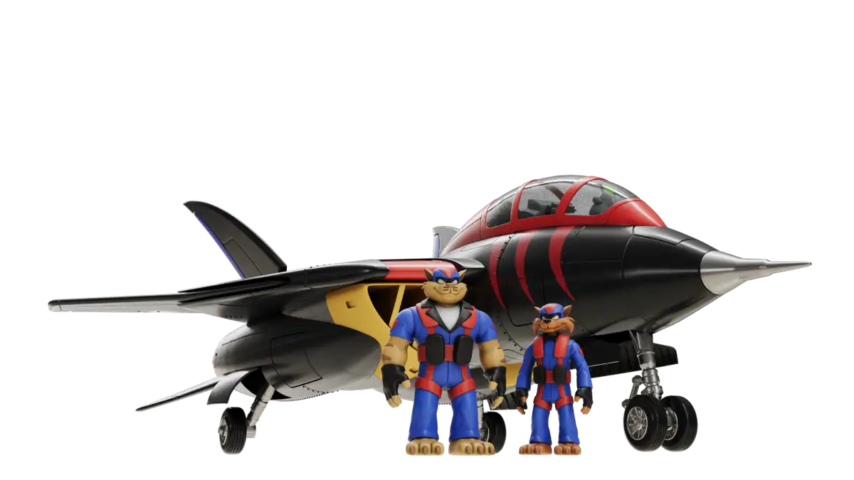 Ramen Toy Turbokat jet displayed with T-Bone and Razor figures in front