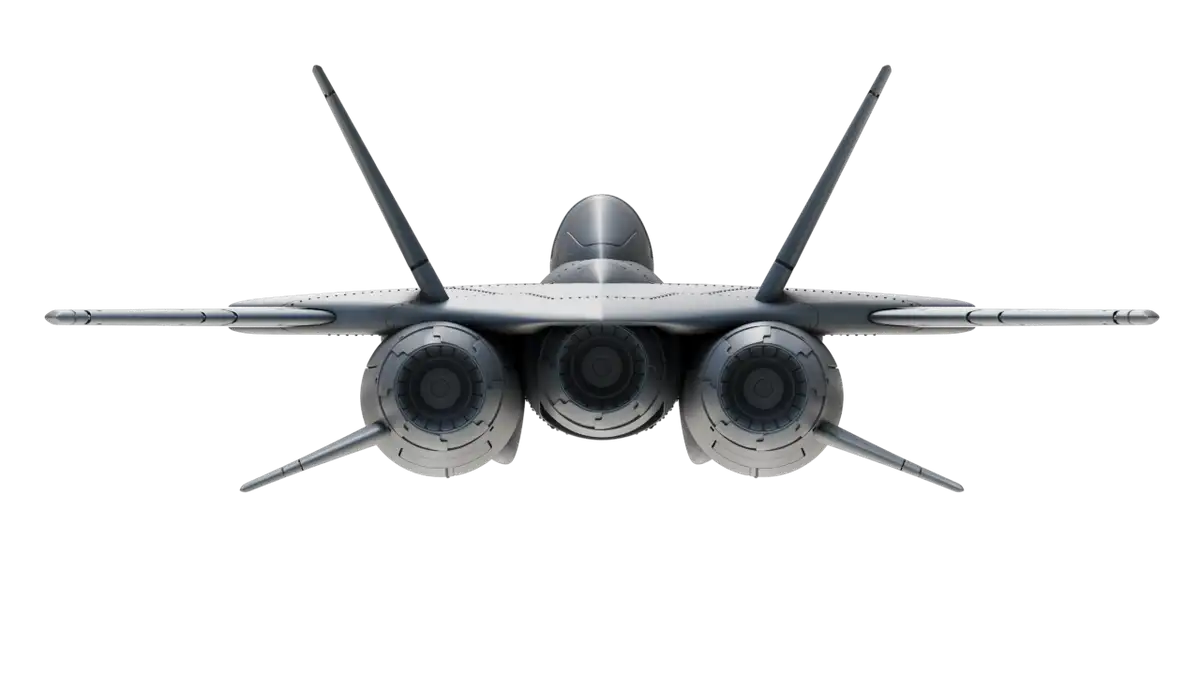 Uncolored 3D render showing Turbokat rear exhaust nozzles and fins