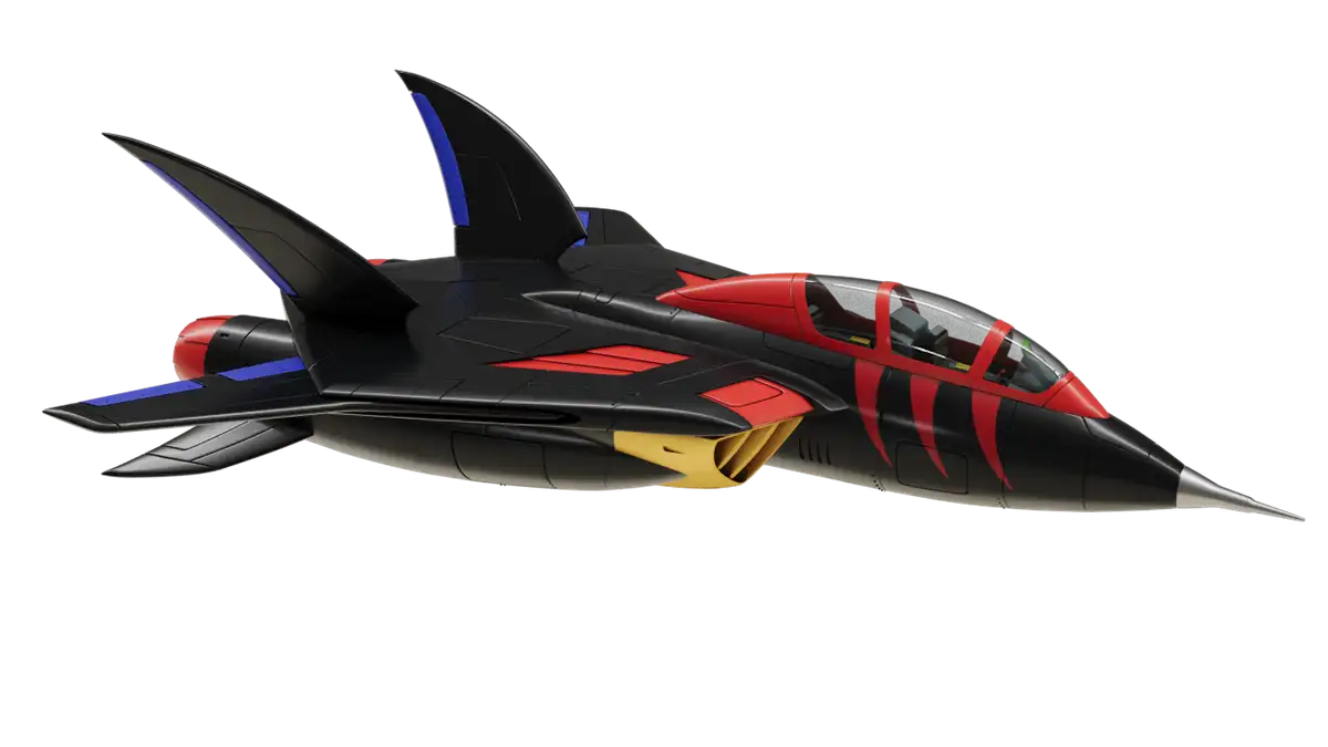 Full-color Turbokat three-quarter render showing swept wings and red cockpit framing