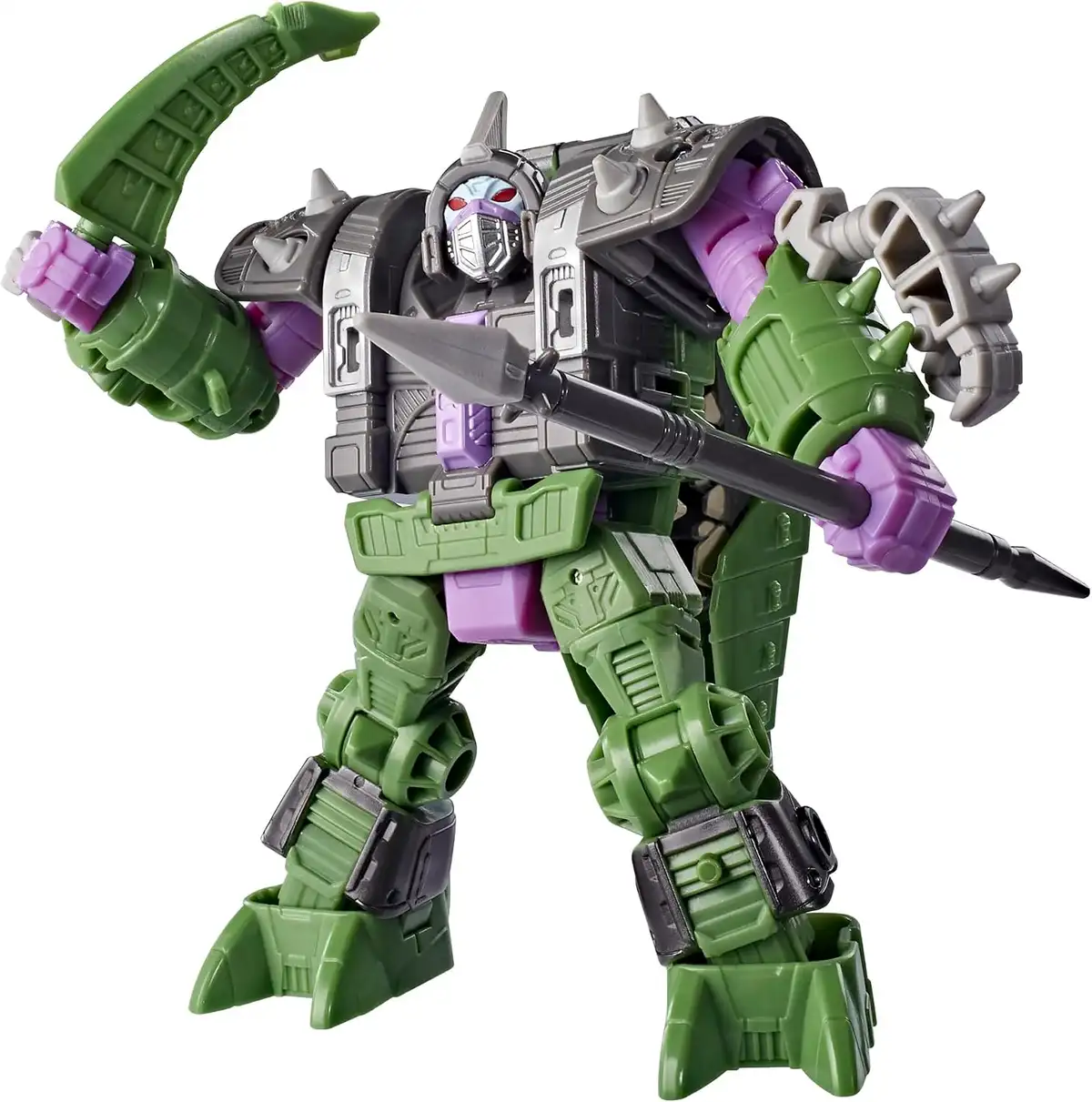 Allicon appears in robot mode with green limbs, purple joints, spiked gray shoulder armor, and a long spear. A curved green blade is raised in the other hand.