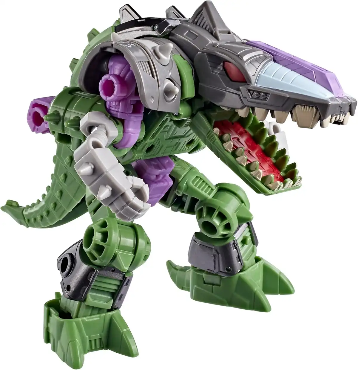 In creature mode, the Allicon has a long green tail, spiked gray forearms, and a mechanical reptilian head with a purple crest and open, tooth-lined jaws.