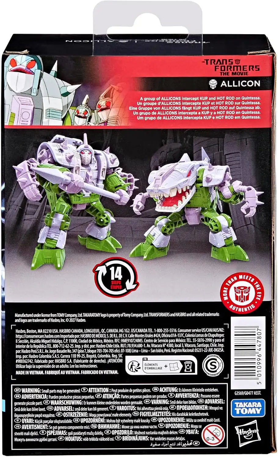 The back of the Allicon packaging shows both modes, the spear accessory, and the 14-step conversion graphic. The scene description references Allicons intercepting Kup and Hot Rod on Quintessa.