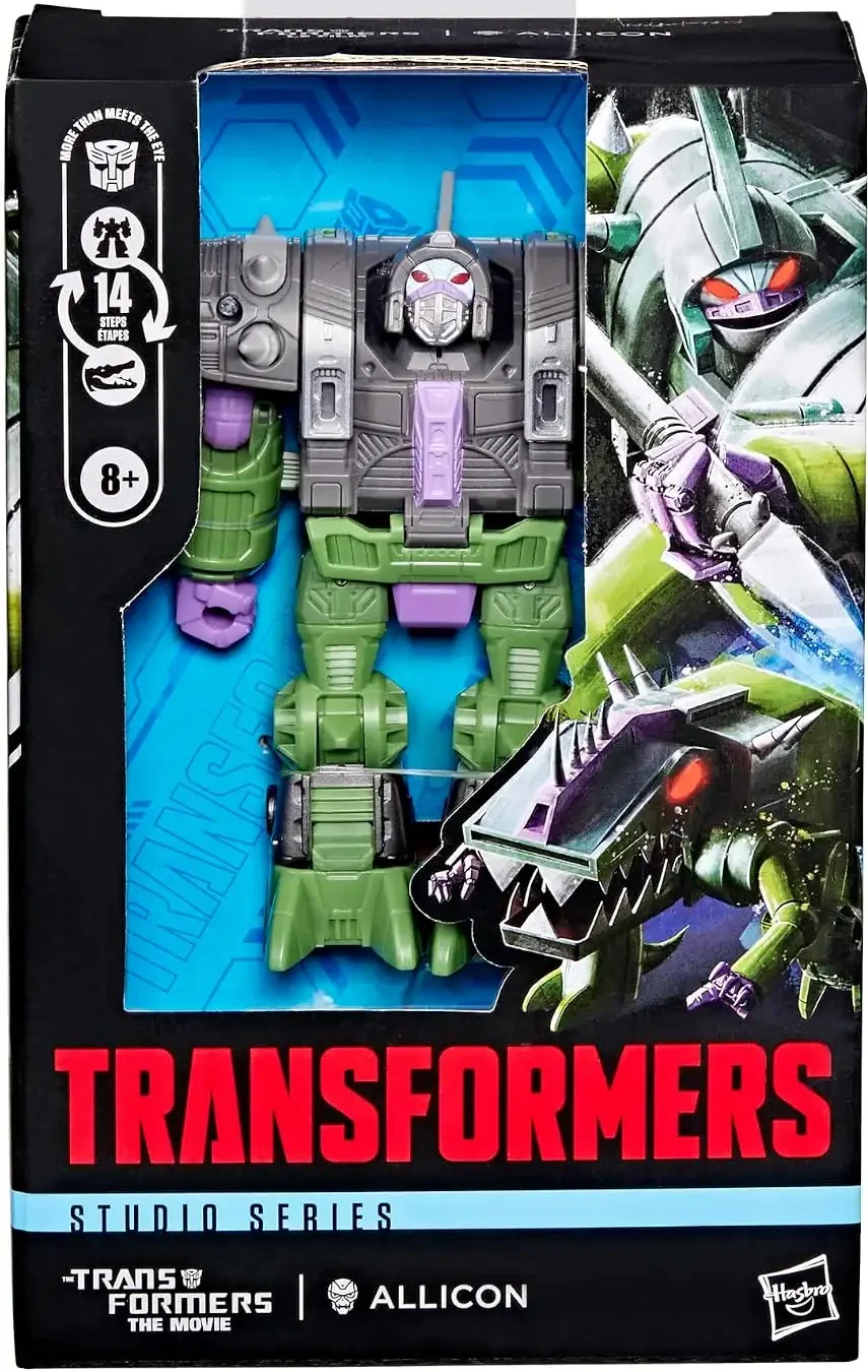 The front packaging displays the green and purple Allicon through the window, alongside illustrations of its robot and creature modes.