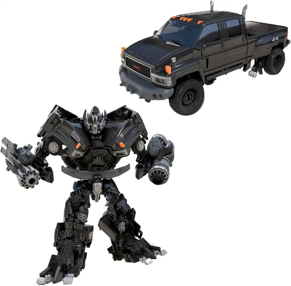 Hound is shown in robot mode beneath his dark military-style truck alternate mode. The robot has bulky dark armor, blue highlights, and equipment mounted around his shoulders and arms.
