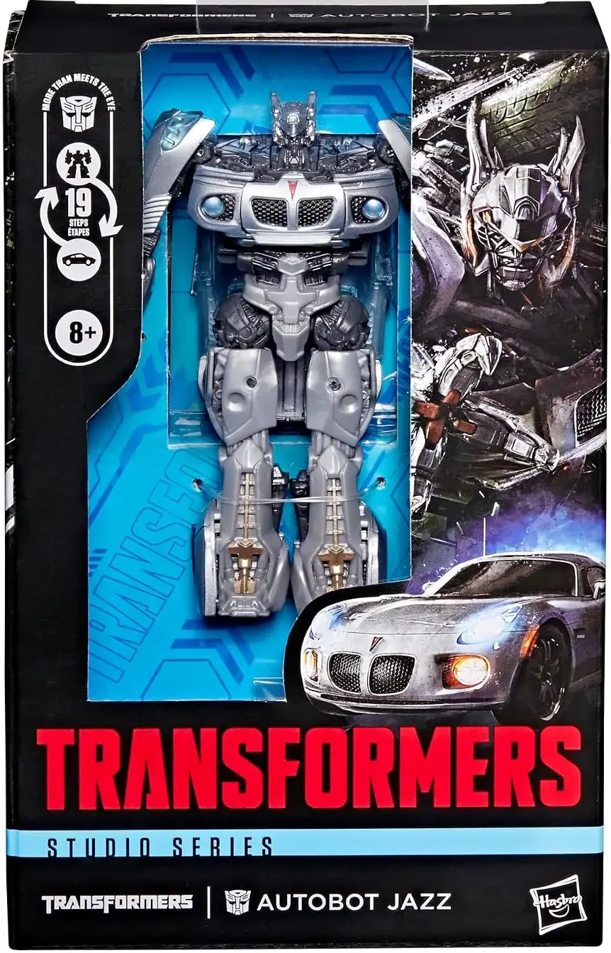 The front of the Jazz package shows the silver robot figure against a blue insert, with character artwork and his sports car mode printed on the side.