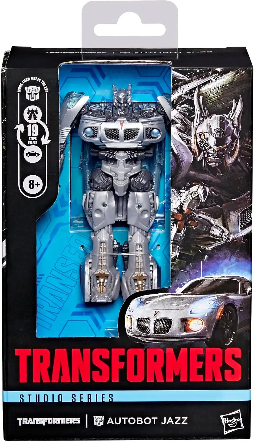 The front of the Jazz package shows the silver robot figure against a blue insert, with character artwork and his sports car mode printed on the side.