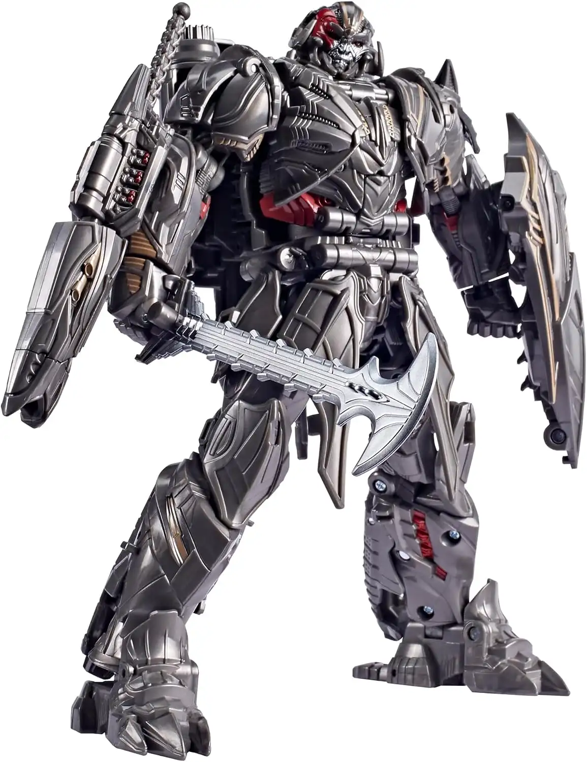 A second robot-mode view shows Megatron holding his broad-bladed axe while the shield and cannon remain visible. The sculpt includes layered chest armor and angular armored legs.